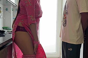 jawan bhatija puts condom on big ass chachi then fucks her hard in kitchen