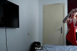 stepmom unwraps stepson's secret vibrator gift on new year's eve hotel bed, riding it wildly together