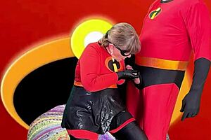 granny carmen as elastigirl superhero cosplay gives deep cock sucking skills