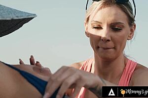 hey, mommy's girl busty milf kenzie taylor tricks sunbathing neighbor desiree dulce into outdoor lesbian licking and scissoring