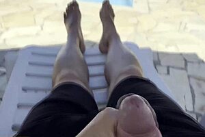 i was jerking off by the pool when this big tit milf helped me explode cumshot