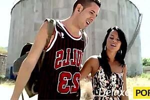 brunette babe sucks cock then fucks hard outdoors shaved pussy