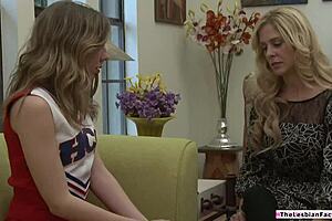 teen babe eats her friend's busty blonde stepmom shaved pussy while kissing fingering