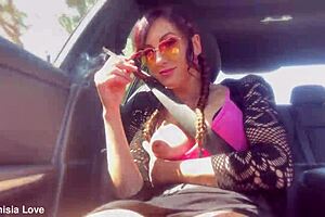 Italian milf, flash those big tits and hard nipples while smoking in car?
