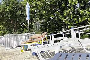 i was jerking off by the pool when this big tit milf helped me explode cumshot