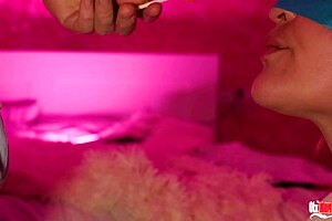 tricked stepmom guesses cum tastes then sucks facial swallowing load