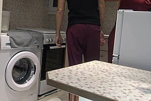 stepmom denies sex but lets stepson jerk cumshot all over fat kitchen ass