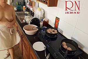 naked nudist housewife regina noir cooks bare in kitchen!