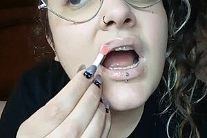 sweet thin lips shining with fresh gloss closeup