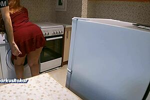 stepmom denies sex but lets stepson jerk cumshot all over fat kitchen ass