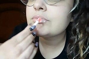 sweet thin lips shining with fresh gloss closeup