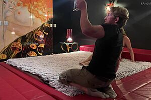 Man, my big tits are choking on two monster cocks in this rough double blowjob threesome backstage!