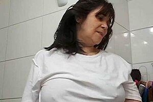 Surprise bathroom creampie fucks curvy wife big natural tits