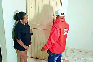 Horny Mature Latina Flashes Saggy Big Tits Ass Gives Delivery Boy Sloppy Blowjob