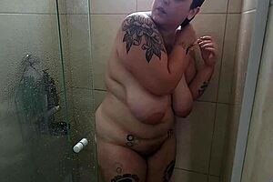 bbw latina showers puffy saggy tits after sweaty gym workout