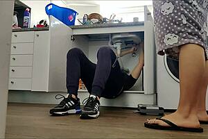 omg horny wife sneaks handyman fuck under sink with big tits bouncing 😏🍑