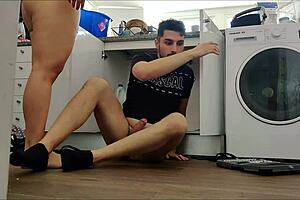 omg horny wife sneaks handyman fuck under sink with big tits bouncing 😏🍑