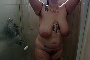 bbw latina showers puffy saggy tits after sweaty gym workout