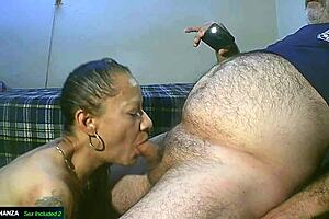 Cougar kneels craving cock suck and cum gulp