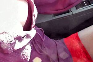 sexy blonde milf SLUT DRIVES CAR no PANTIES stockings HIGH HEELS hairy PUSSY flashing big natural TITS public