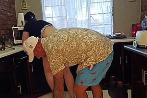 kitchen horny curvy brunette milf handjob cum on ass big pussy tattoo 🔥😈