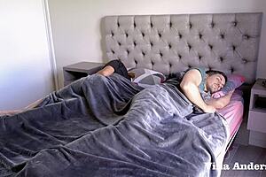 while hubby sleeps in bed cheating wife rides friends monster cock on sofa