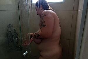 bbw latina showers puffy saggy tits after sweaty gym workout