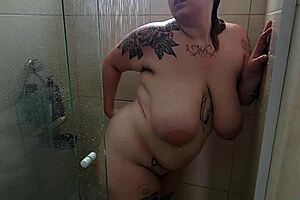 bbw latina showers puffy saggy tits after sweaty gym workout