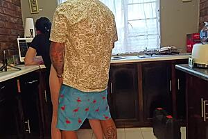 kitchen horny curvy brunette milf handjob cum on ass big pussy tattoo 🔥😈