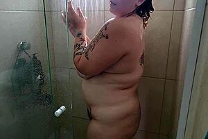 bbw latina showers puffy saggy tits after sweaty gym workout