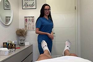 nurse's towel slips revealing huge tits leading to sloppy deepthroat cumswallow on brunette milf