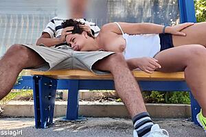 Cheating stepmom swallows stepson load at crowded bus stop