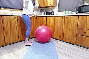 horny girl humps yoga ball till squirting orgasm rips clothes wet