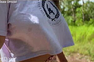 Wifey flashes big tits braless in public spots