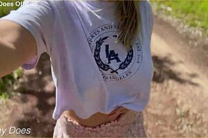 Wifey flashes big tits braless in public spots