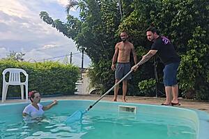 hey hubby, watch me fuck your friends in the kitchen while you clean the pool!