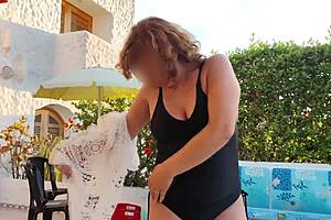 Stepmom Flashes Tits In Pool We Masturbate Cum Fills Her Hairy Pussy