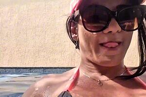 Bianca naldy flashes big tits post-pool, takes monster cock creampie in exotic brazilian interview!