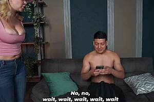 delivery babe shakes her huge oiled latina tits for five-star rating