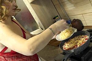 in see-thru peignoir no panties bra sexy milf frina cooks naked pizza big ass pussy tits nipples kitchen