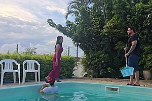 hey hubby, watch me fuck your friends in the kitchen while you clean the pool!