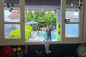 Hubby poolside while I fuck his friends?