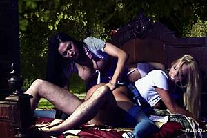 Blonde Milf's Natural Tits Bounce Wild In Bed Threesome