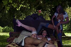 Blonde Milf's Natural Tits Bounce Wild In Bed Threesome