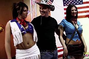 Busty brunette milf and friend ride two costumed guys hard