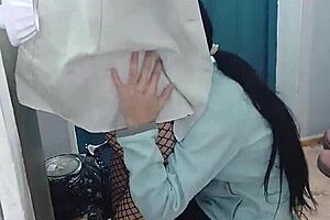 student coed sneaks orgasm sex with brunette nurse in hospital office