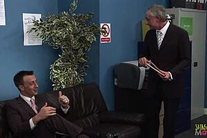 two horny milf secretaries in stockings heels fuck bosses doggystyle facial on office sofa
