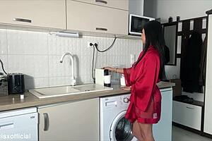 hey babe, tired wife home from work drops to knees and swallows hubby's full hot load