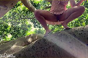 Wifey flashes shaved pussy sans panties in public outdoor tease