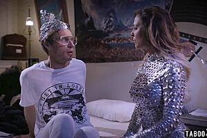 Busty astronaut drilled then straps nerd guy